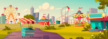 Amusement Park, Carnival Or Festive Fair Cartoon Vector Illustration. Circus Tent Arrow Pointer, Carousel, Merry-go-round, Ferris Wheel And Roller Coaster And Ice Cream Cart Children Summer City Fun