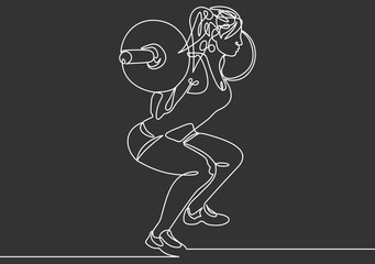 Wall Mural - Woman lifting weights continuous one line drawing.  Squats with barbell linear design element