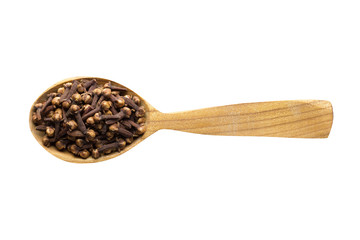 Wall Mural - dry cloves in wooden spoon isolated on white background. spice for cooking food, top view.