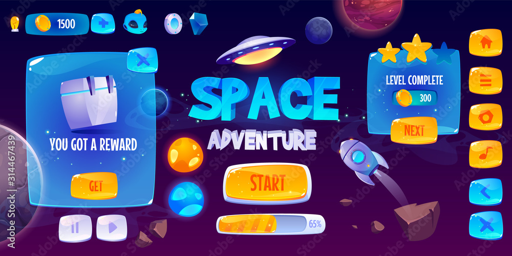Graphic user interface for space adventure game. Vector screen of app gui design with glossy menu buttons and icons, panel with level and assets, start banner and background with rocket and planets - obrazy, fototapety, plakaty 