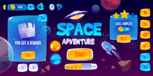 Graphic User Interface For Space Adventure Game. Vector Screen Of App Gui Design With Glossy Menu Buttons And Icons, Panel With Level And Assets, Start Banner And Background With Rocket And Planets