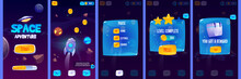 Graphic User Interface For Space Adventure Game. Vector Set Of Gui App Screens With Glossy Menu Buttons And Icons, Panel With Pause And Reward, Start Banner And Futuristic Background With Rocket