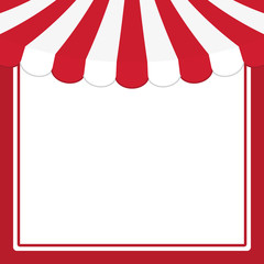 Blank red square frame with red and white striped circus tent top. Flat vector illustration.