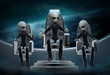 © Lena_graphics - Three space aliens in black suits are flying in space in a spaceship. 3 d illustration.