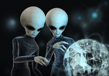 Two Aliens Study The Planet Earth On A Light Map. 3 D Illustration.