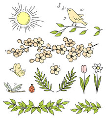 Wall Mural - set of flowers, branches, sun, bird, butterfly