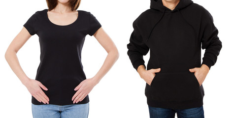 Poster - Girl in black t-shirt mock up, man in black hoodie mockuup isolation on white background