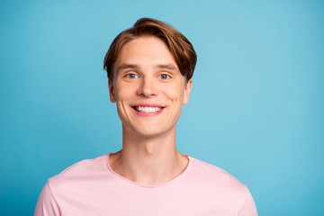 Wall Mural - Close up photo of cheerful satisfied guy have rest spring relax enjoy weekends wear casual style outfit isolated over blue color background