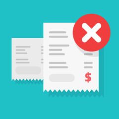 Payment transaction bill declined notice or money transfer alert or caution error sign vector illustration flat cartoon, receipt unsuccessful pay check, rejected purchase, bad fraud finance failure