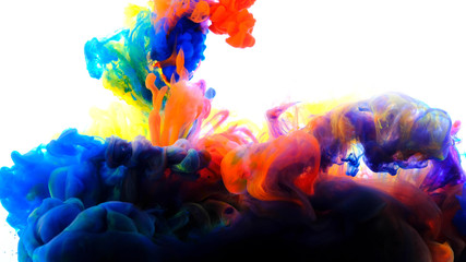 Color paint drops in water , abstract color mix , drop of Ink color mix paint falling on water Colorful ink in water, 