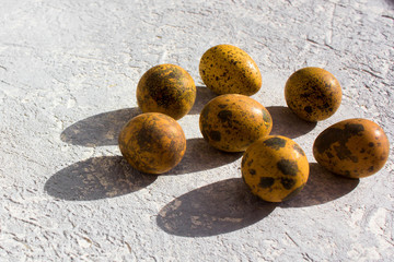 Easter composition with yellow (brown) quail eggs in a nest on grey background. Healthy eating concept. Close up