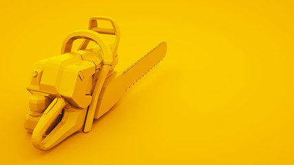 Chainsaw on yellow background. Minimal idea concept, 3d illustration