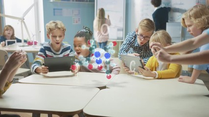 Wall Mural - Group of School Children in Chemistry Science Class Use Digital Tablet Computers with Augmented Reality Application, Looking at Educational 3D Animation of a Molecule. VFX, Special Effects Render