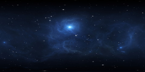 Wall Mural - 360 degree space background with blue nebula and stars, equirectangular projection, environment map.