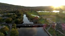 Aerial Drone River Wharfe Weir At Sunset