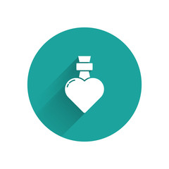 White Bottle with love potion icon isolated with long shadow. Valentines day symbol. Green circle button. Vector Illustration