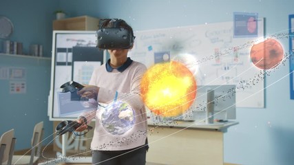 Wall Mural - cute girl wearing augmented reality headset and using controllers interacts with 3d solar system. fu