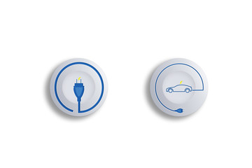 Push button icon of Energy charge symbol and  Electric power car icon on white background.