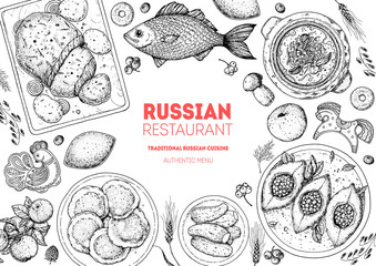 Wall Mural - Russian cuisine top view frame. Food menu design elements. Traditional dishes. Russian food. Doodle collection. Vintage hand drawn sketch vector illustration. Menu background. Engraved style.