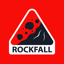 Triangular Rockfall Sign On A Red Background. Flat Vector Illustration.
