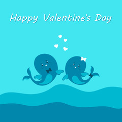 Wall Mural - Two cute whales in love, sea, waves, hearts . Vector design for greeting cards, invitations, posters . Happy Valentine's day text