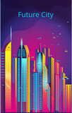 Fototapeta Nowy Jork - Fantastic city in the style of cyberpunk. Vector illustration in retro style in neon colors. Night city of the future. Banner templat.