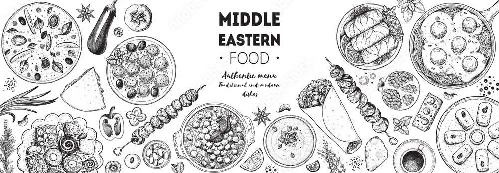 Arabic food top view frame. Food menu design. Vintage hand drawn sketch vector illustration. Arabian cuisine frame. Middle eastern food. - obrazy, fototapety, plakaty 