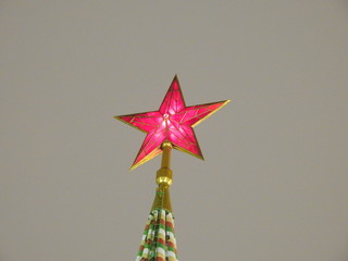 ruby star on kremlin tower at night in poor visibility closeup
