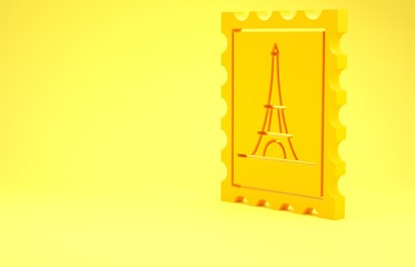 Sticker - Yellow Postal stamp and Eiffel tower icon isolated on yellow background. Minimalism concept. 3d illustration 3D render