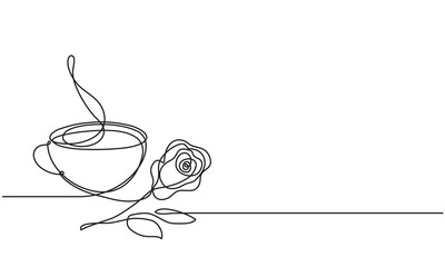 Wall Mural - Cup and rose flower. Continuous line drawing. Sketch. Tea or coffee.