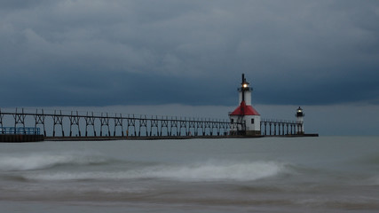 Sunrise photo of the St Joseph Michigan North Pier Lighthouse and Lake Michigan