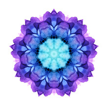 Colorful Watercolor Flower Mandala Pattern Isolated On White Background. Kaleidoscope Effect.