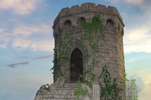 Stone Castle Tower Covered In Vines With A Sunset Sky, 3d Render.
