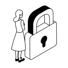 Poster - businesswoman with padlock on white background