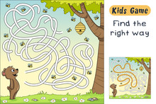 Find The Right Way. Funny Cartoon Game For Kids, With Solution. Vector Illustration With Separate Layers.