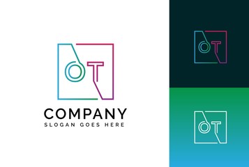 Wall Mural - Blue green pink gradient square initial letter OT line logo design vector graphic