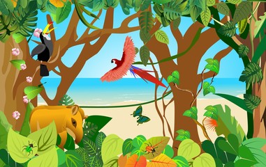 Wall Mural - Nature, wildlife jungle scene, jungle animals, trees and grass frame, vector