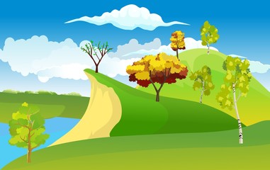 Wall Mural - Nature outdoor illustration, green hills and river, vector