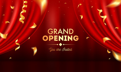 Poster - Realistic Grand Opening Invitation with Red Curtains and Golden Confetti.