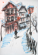Winter In A Small Town, Hand Drawn Marker Sketch.