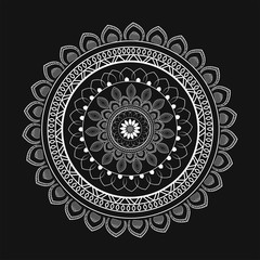 Sticker - Circular Floral Mandala Pattern in White Line Art on Black Background.