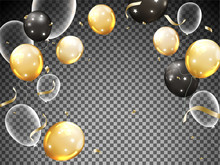 Shiny Balloons With Golden Confetti Decorated On Black Transparent Background.