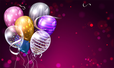 Sticker - Colorful Shiny Balloons Bunch in Different Pattern on Purple Bokeh Background.