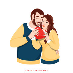 Poster - Lover Couple Character holding Red Heart on White Background for Love is in the air concept.