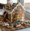 homemade gingerbread house decorated with icing and candies