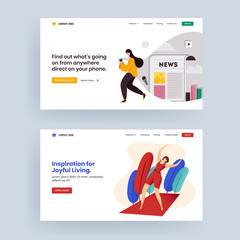 Wall Mural - responsive web banner or landing page set, female lifestyle like as using smartphone with social med
