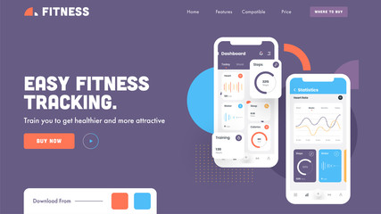 Canvas Print - Landing Page or Hero Shot Image with Easy Fitness Tracking App in Smartphone on Purple Background.
