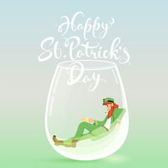 Sticker - Happy St. Patrick's Day Font with Drunk Leprechaun Man In A Drink Glass on Glossy Background.