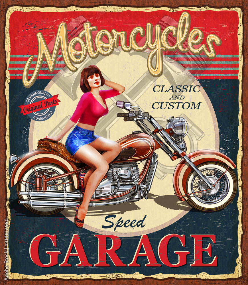 Vintage Garage poster with sexy girl sitting on retro motorcycle. Stock ...