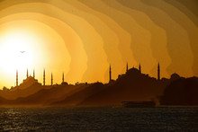 Posterized Silhouette Of Blue Mosque And Hagia Sophia At Sundown Over The Bosphorus With Boat Istanbul